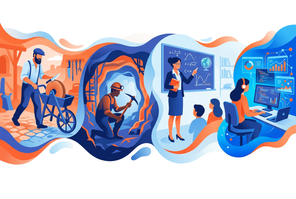 Schéma de l'évolution des métiers dans le temps – de l'artisanat médiéval aux nouveaux métiers numériques, ressource pour professionnels de l'orientation